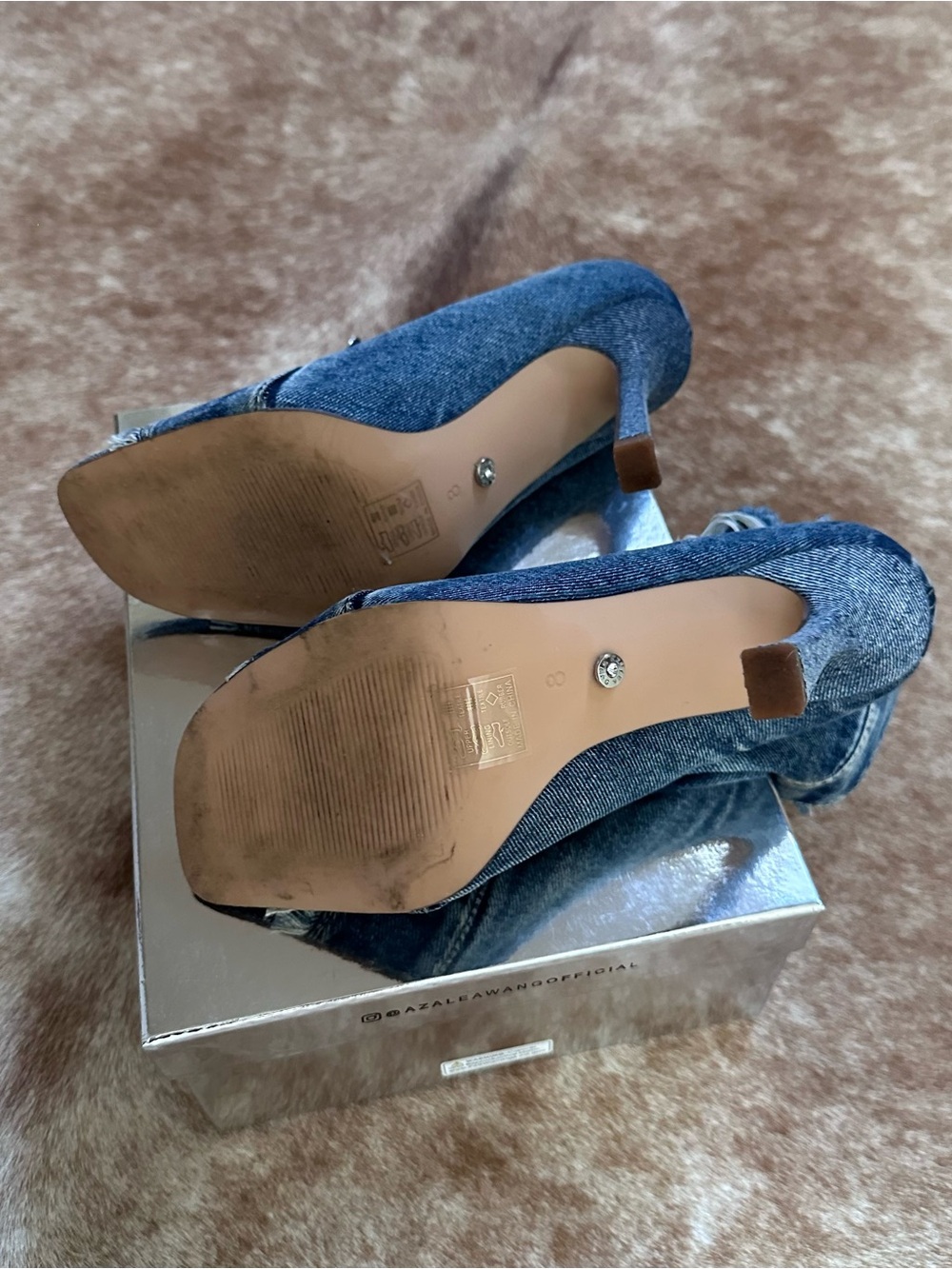 Frayed Denim Peep-Toe Stiletto Ankle Boot - Blue - Picture 7 of 8